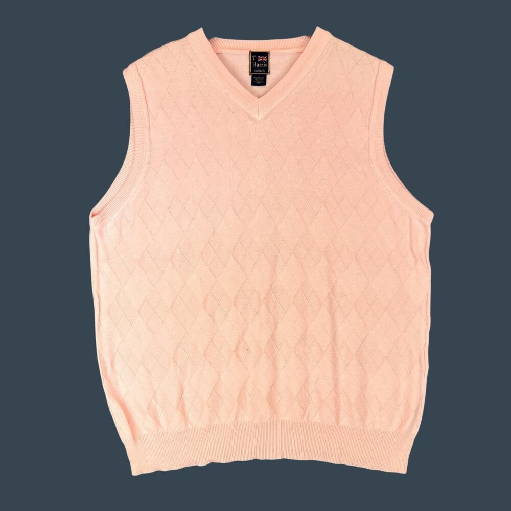 T Harris London Men L Pink Sweater Vest Argyle Diamond Knit Pullover Golf Italy